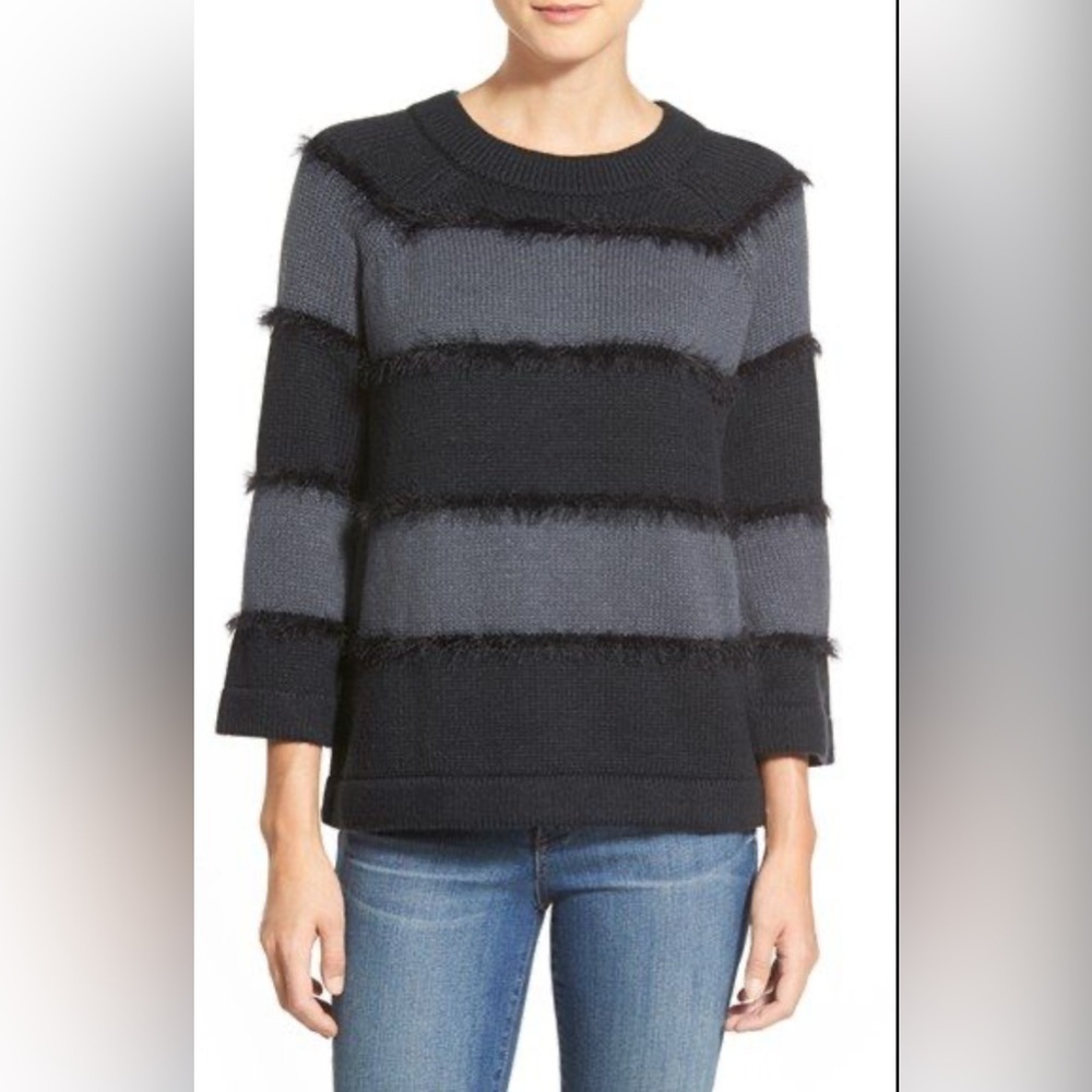 Halogen Black Gray Stripe Fringe Knit Sweater Pullover Cozy Fall Winter S